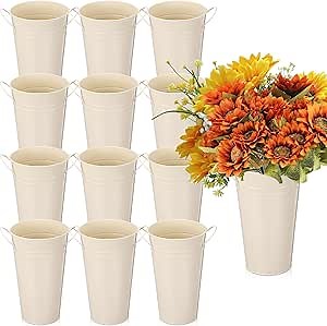 Chumia 12 Pcs Galvanized Flower Bucket 9 Inch Metal Vase Farmhouse Rustic French Flower Bar Bucket with Handles for Home Floral Centerpiece Container Wedding Table Decor(Beige)