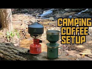 Camping coffee setup - Coleman Peak 1 stove & Stanley pour over set.