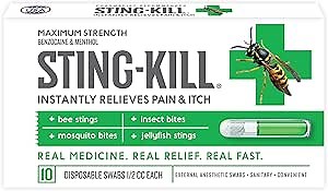 Amazon.com: Sting-kill First Aid Anesthetic Swabs, Instant Pain + Itch Relief from Bee Stings and Bug Bites, 10-Count : Health & Household