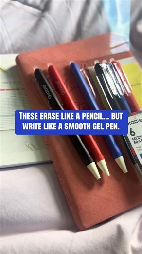 Planner girls know the struggle… one tiny mistake can ruin a perfectly organized page. 😩 These .7mm erasable gel pens write like a smooth rollerball pen, but erase like a pencil, so you can fix mistakes without tearing your paper or using messy correction tape. Perfect for: • planners • journaling • calendars • school notes • budgeting pages The retractable clip design means no lost caps, the soft matte grip keeps writing comfortable, and the erasable environmental ink lets you correct mistakes