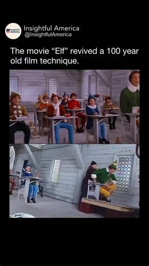 Insightful America on Instagram: "*Elf* revived a classic Hollywood filmmaking trick that many modern movies had largely abandoned. To make Buddy tower over the North Pole elves, director **Jon Favreau** avoided CGI and instead relied on forced perspective. **Will Ferrell** was positioned closer to the camera while other actors stood farther back, with sets constructed at different scales to sell the illusion entirely in-camera. This approach demanded precision. Actors had to hit exact marks, se