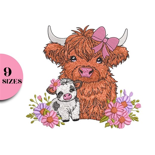 Baby Highland Cow Embroidery Designs: Cow With Flowers and Bow Embroidery, Farm Animal Machine Files (9 Sizes) Instant Download - Etsy