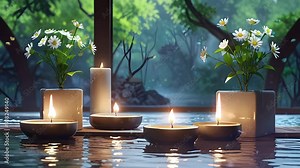 The spa room is relaxing and chilled out with some lit candles, fresh flowers and a water pool. Seamless 4K looping timelapse video animation generated AI