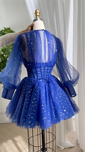 Corset long sleeves royal blue mini prom homecoming dress, vintage wedding party dress. We always accept custom orders. #dress #gown #fashion #prom #promdress #HauteCouture #custommade #vintage #fashionweek #formaldress #minidress #bluedress #prom2026 | Miss Jophiel