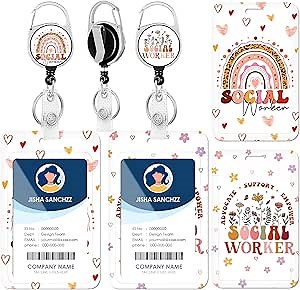 Social Worker Holder with Lanyard - 2 Pcs Rainbow Flowers Retractable Badge Reel for Nurses, Bohemian Detachable Badge with ID Lanyard for Nurse Assistant Teacher Social Worker