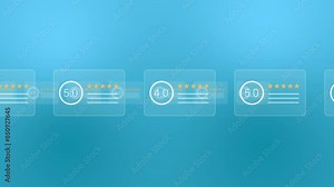 An animated moving reviews in 3D space in the blue background. Five or four star rating. Business, e-commerce and finance concept. User give feedback to application or shop.