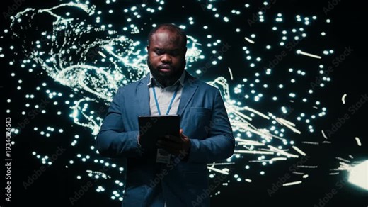 Optimizing neural network, tablet and computer scientist using AR simulation neurons map. Fine tuning AI model, device and African american man adjusting machine learning synaptic weights, camera A