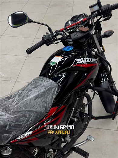 Suzuki GR 150 PPF Applied! Protect your bike with Rhino Imported Paint Protection Film (PPF) — now applied on Suzuki GR 150 for ultimate protection and shine. 🛡️ Rhino imported 8.5mm premium PPF ✨ Enhances glossy finish 🔒 Protects from scratches & minor dents 🧩 Guards against daily wear and small accidents ♻️ Auto-healing scratch ability ⏳ Long lasting protection Keep your bike looking brand new while protecting its original paint. Bring your old or new bike and get premium PPF protection tod