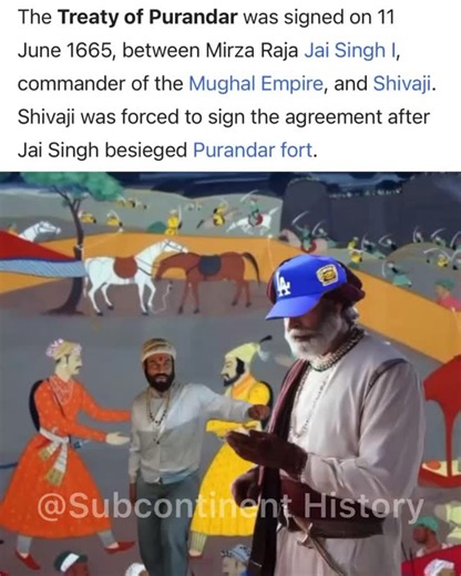 Treaty of Purandar 📇 The Treaty of Purandar was signed in 1665 between the Mughal Empire and the Maratha leader Shivaji. It came at a moment when Mughal pressure in the Deccan was at its peak. Jai Singh I, who led the Mughal campaign, pushed Shivaji into a difficult military position. With several forts isolated and limited chances of breaking the siege, negotiation became the strategic choice. Under the treaty, Shivaji agreed to hand over twenty-three forts to the Mughals. These were mostly lo