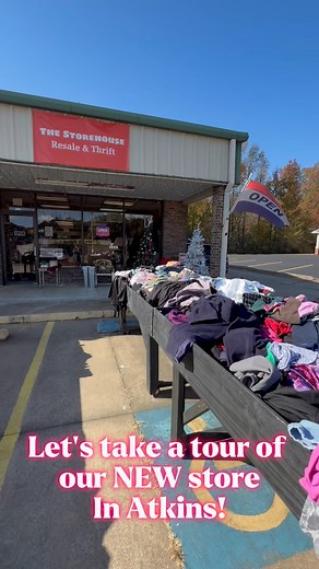 ✨ Welcome to our NEW store in Atkins! ✨Take a little tour with us — we’ve got clothes inside and outside, rows of shoes, and so many goodies for you to dig through! 🛍️👚👖👟💖And don’t forget… our $5 BIN SALE is LIVE!Everything in the bins — clothes AND shoes — just $5.00! 🎉Bigger space, same amazing deals. Come shop with us, Atkins! 💕 | The Storehouse Resale & Thrift of Atkins