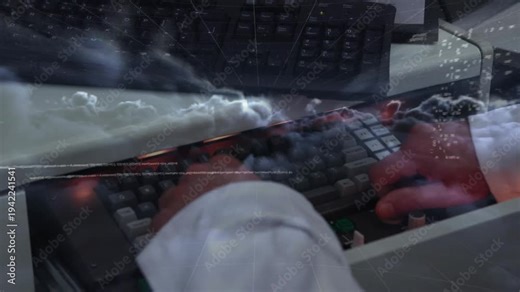 Coder pressing first key and typing editing code while cloud and code overlaying keyboard settling