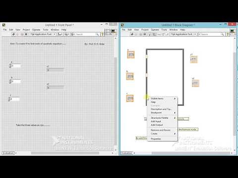 To create VI for finding roots of quadratic equation using LabVIEW
