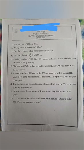 Class -7th |Maths|Ch- Comparaing Quantities |Worksheet|Extra Questions |Practice #shorts#maths