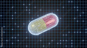 Plastic container capsule in levitation state, flight with open components, probiotics food additives in capsules. 3D rendering illustration.