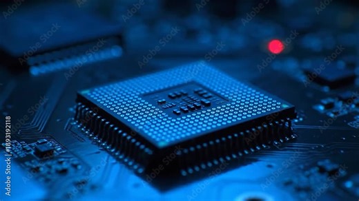 A detailed macro shot of a CPU with multiple pin connectors on a computer motherboard