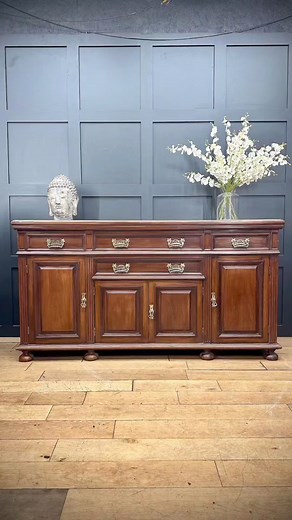 Antique Mahogany Sideboard / Drinks Cabinet / Buffet Server / Jas Shoolbred £575 Beautiful, antique Victorian sideboard. Dating from the late Victorian early Edwardian period this unit signifies elegance. The interior is fitted with two long drawers flanked by two short drawers, over two short and four tall cupboard doors, raised on bun feet. A wonderful piece of antique furniture that can lend itself to many uses in the modern home. Think sideboard, tv stand or cocktail cabinet! Inside one draw