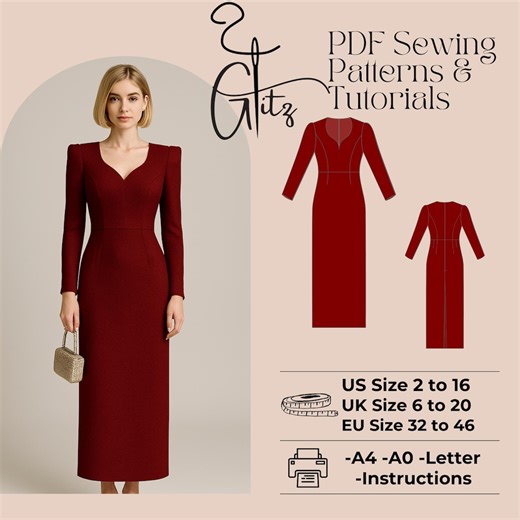 Fitted Evening Gown Sewing Pattern | Long Sleeve Sweetheart Dress (digital PDF) - Etsy UK