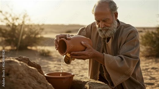An old man pouring water from a clay jug into a pot at a well in a desert during biblical times, Christianity footage.
