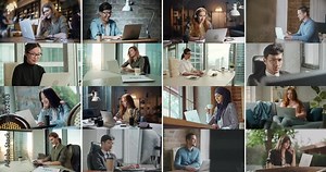 Collage of diverse people using laptops. Successful business people working on computers. Young students finishing their projects for online education - diversity, communication concept 4k footage