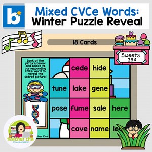 Mixed CVCe Word Comprehension with Audio Winter Puzzle Reveal BOOM™ Cards