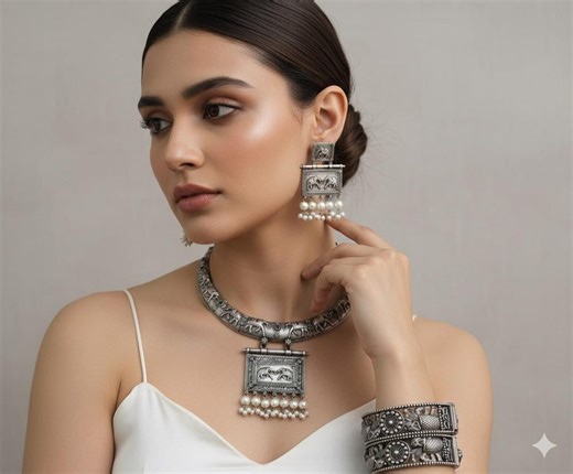 Oxidized Silver Jewelry Set | Indian Necklace, Earrings, Bangles - Etsy Canada