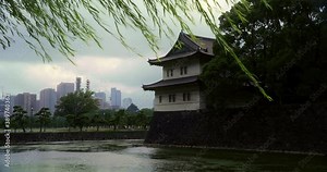 Japanese building along river in Kyoto, low angle