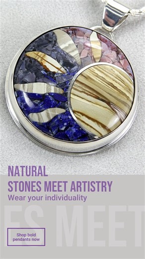 🌞 Brighten your day with the Sunshine Inlay Pendants. Each piece is handmade using natural stones and sterling silver, creating unique, colorful designs that reflect your individuality. These pendants blend artisanal craftsmanship with nature's beauty, making every pendant a unique statement piece. Wearing one adds a bold touch to your style while celebrating the art of fine jewelry making. #SusanJeffersonJewelry #HandmadeJewelry #NaturalStones #UniqueDesign #ExpressYourself #InlayPendant