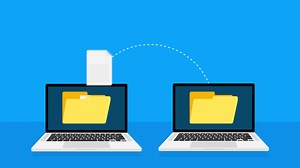 Modern flat icon with file transfer on white background. Motion graphics.