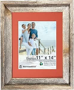 Rustic Barnwood Picture Frames – Reclaimed Wood Photo Frames – Wood Frame with Mat for Wall & Tabletop Display – Made in USA, Weathered Gray, 16x20 matted to display a 11x14, Terra Cotta Mat