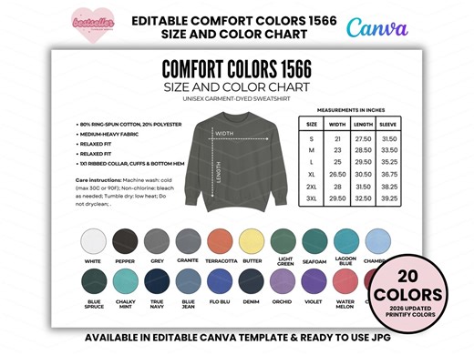Comfort Colors 1566 Color Chart and Size Chart, Color Chart Comfort Colors 1566 Custom Template, Editable Comfort Colors Color Chart - Etsy