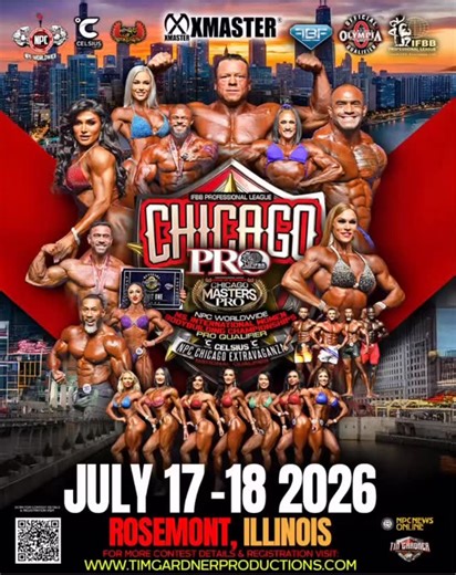The 15th EDITION of the IFBB Professional League XMaster Chicago PRO, Wings of Strength Chicago Masters PRO & NPC Celsius Chicago Extravaganza National Qualifier. 💥7.17-18 Chicago Open PRO Open Women’s Physique, Open Wellness, Open Figure, Open Classic Physique, Open Women’s Bodybuilding, Open 212 Men’s Bodybuilding, Open Bikini & Open Men’s Physique. Masters PRO Over 70, 60, 55, 50, 45 & 40 Men’s Bodybuilding, Masters PRO Over 40 212 Men’s Bodybuilding, Masters PRO Over 60, 55, 50, 45 & 40 Men