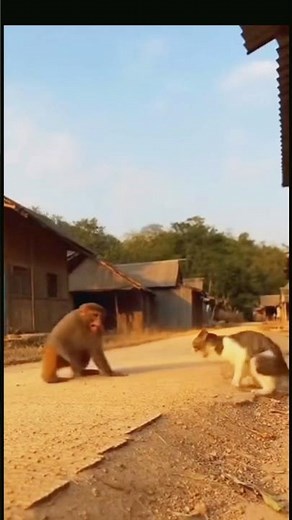 A monkey fighting a cat in an old rural village, late morning scene, with realistic ambient sounds.