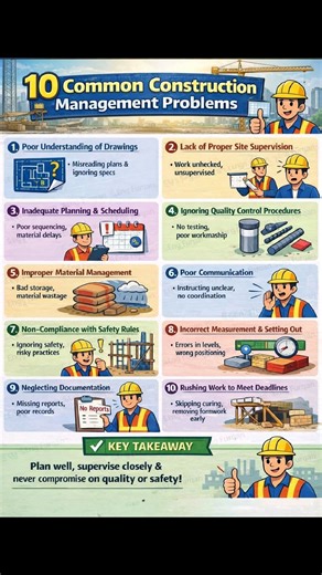 🚧 10 Common Construction Management Problems (Every Engineer Must Know!) 🏗️ Mistakes in construction don’t happen overnight — they happen due to poor planning, weak supervision, and ignoring quality & safety. This visual explains the 10 most common construction management problems that cause delays, cost overruns, and rework on site. 🔹 Poor understanding of drawings 🔹 Lack of proper site supervision 🔹 Inadequate planning & scheduling 🔹 Ignoring quality control procedures 🔹 Improper materi