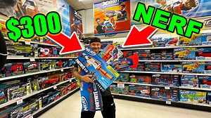 Epic Nerf shopping spree challenge at Toys R Us! Double punch blaster & hide-and-seek fun