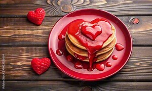 Heart-shaped pancakes topped with strawberry sauce on a red plate for romantic breakfast ideas