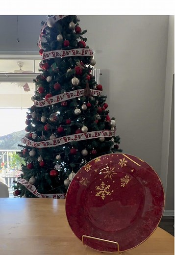 Handmade Christmas Decoupage Art on a Red Plate