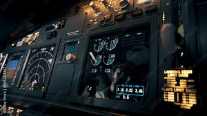 close-up of radar control and navigation panel in cockpit of airplane screens and buttons flight simulator