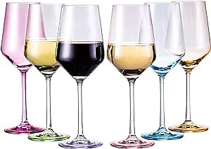 Colored Crystal Wine Glass Set of 6, Large Stemmed 12 oz Glasses, Great for all Occasions & Special Celebrations, Unique Italian Style Tall Drinkware for Red & White Wine