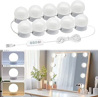 Vanity Lights for Mirror, Hollywood Style Vanity Lights with 10 dimmable Bulbs,Adjustable Color & Brightness,USB Cable(No Mirror Include)