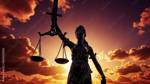 Woman statue holding scales and sword against sunset sky. Lady justice symbol in dramatic clouds. Concept of law fairness and balance in cinematic style.