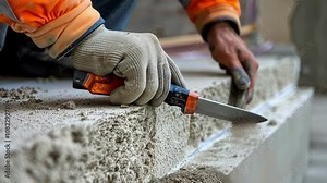 Closeup of a worker using a utility knife to through thermal insulation backing before installation in a bat.