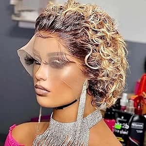 SHAMZBEST 6 Inch Short Curly Lace Front Wigs Human Hair 13X1 Pixie Cut HD Lace Front Wigs Human Hair Plucked Bleached Knots Pixie Cut Wigs for Black Women (T27#)
