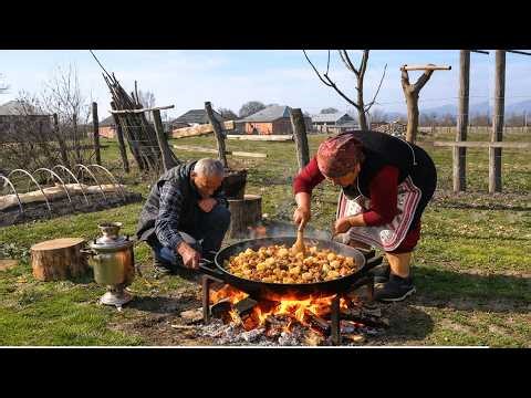 A Peaceful Day in an Azerbaijani Mountain Village Sweet grandma making Ramadan pide.