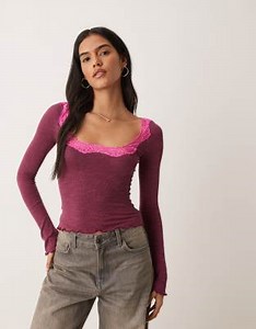 Free People lace trim long sleeve top in deep red | ASOS