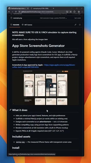 Ready to launch your iOS app but dreading manually cropping screenshots for every single Apple device? You need the app-store-screenshots tool. It’s a native skill for AI agents like Claude Code that completely automates the pain away! Just tell the AI what your app does, and it automatically writes marketing copy, applies 3D device frames, and exports perfectly sized assets. #github #opensource