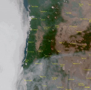 Check out the smoke coming our way from the fires in southwest Oregon and northern California. Skies in Eugene will become hazy soon, but smoke should stay aloft, so you shouldn't be smelling any smoke. Smoke continues spreading north through this afternoon. | US National Weather Service Portland Oregon