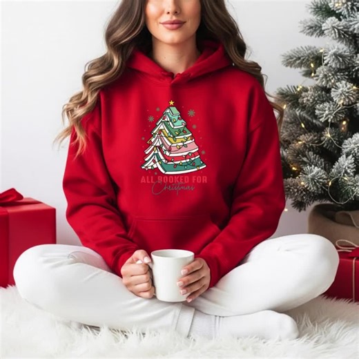 Christmas Book Tree Hoodie, Cozy Christmas Sweater, All Booked for Christmas Hoodie, Book Lover Hoodie, Holiday Sweatshirt, Xmas