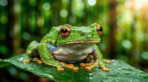 Vibrant green tree frog with striking orange eyes perched on a lush, dew-kissed leaf in a tropical rainforest