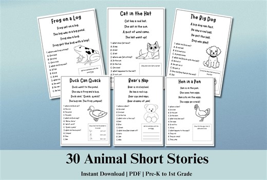 Kindergarten Reading Comprehension Worksheets: Animal Stories, Tracing (PDF Printable) - Etsy