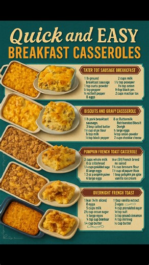 Quick and Easy Breakfast Casseroles – Morning Comfort Made Simple Tater Tot Sausage Breakfast 1 lb ground breakfast sausage ½ red bell pepper, diced 2 cups milk 8 eggs 2 cups shredded cheddar cheese ½ tsp pepper ½ tsp onion powder Salt to taste Biscuits and Gravy Casserole 1 lb pork breakfast sausage 8 oz buttermilk biscuit dough 1½ cups milk 3 tbsp butter, melted 2 large eggs 2 cups shredded cheddar cheese Salt & pepper to taste Pumpkin French Toast Casserole 3 cups whole milk 8 large eggs 1 cu